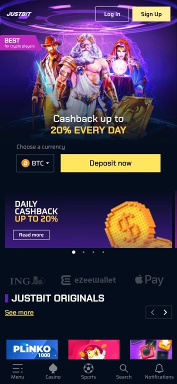 JustBit Casino mobile interface