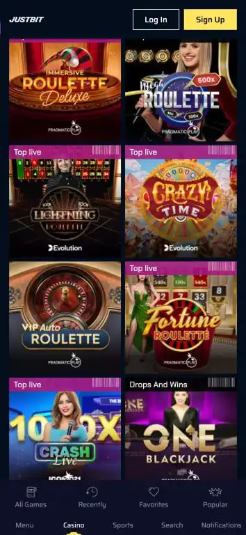 JustBit Casino live dealer lobby