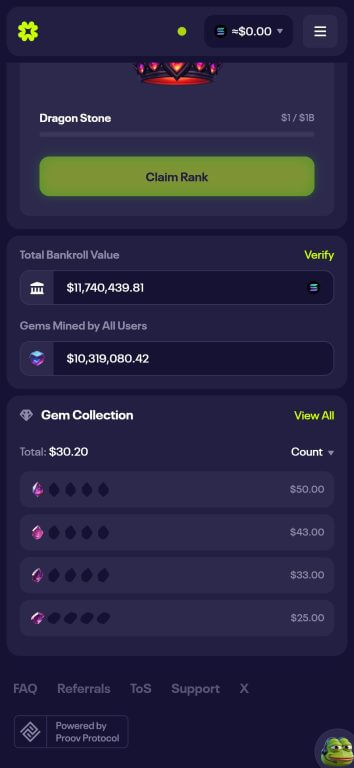 Luck.io's rewards interface displays the Gems collection feature