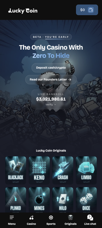 Lucky Coin's mobile homepage