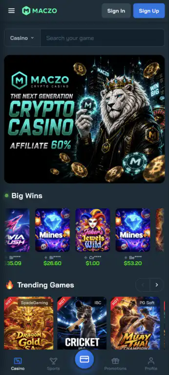 Maczo's mobile interface — the casino runs entirely in your browser with no app download needed