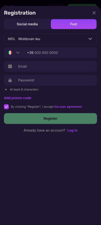 Mellstroy Casino's registration process offers both social media and fast signup options, with support for multiple currencies