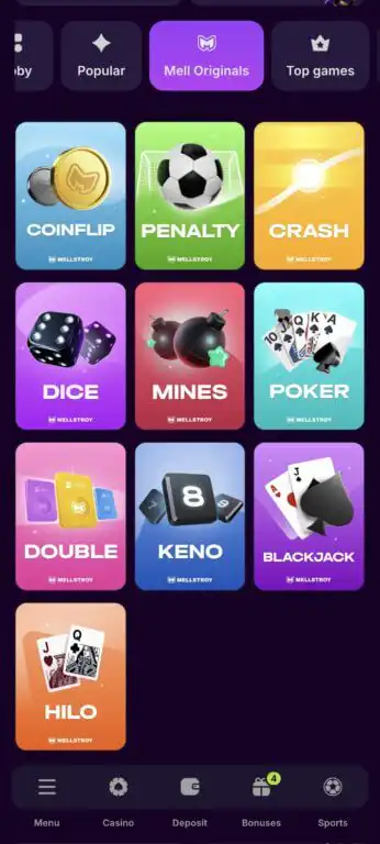 Mellstroy Casino's Mell Originals collection includes 10 proprietary instant games
