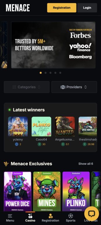 Menace Casino's mobile interface highlights media coverage and exclusive Ebaka Games titles