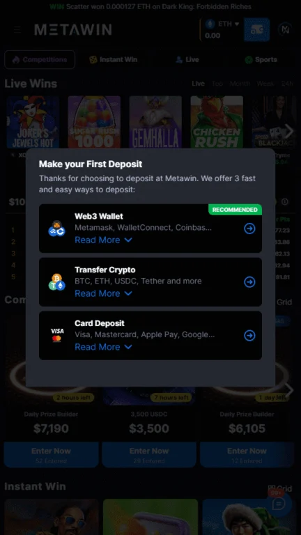 MetaWin deposit options
