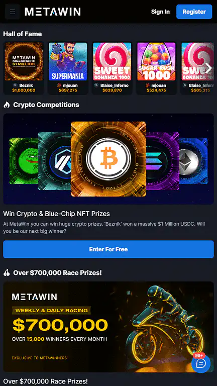 MetaWin casino homepage