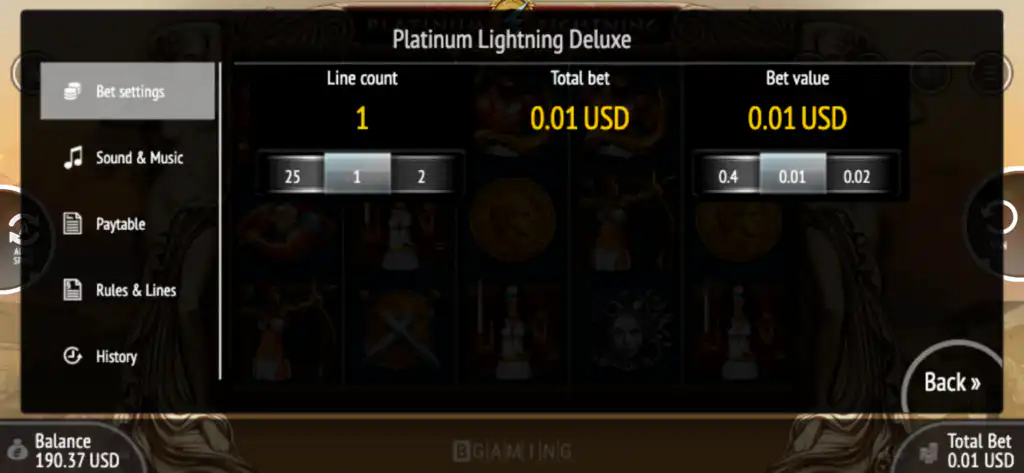 Platinum Lightning Deluxe bet settings screen showing line count 1, bet value 0.01 USD and total bet 0.01 USD — a genuine 1-cent spin.