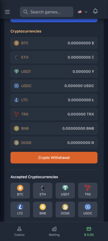 The multi-currency crypto wallet at PlayBit shows individual balances for all eight supported cryptocurrencies with a dedicated withdrawal button