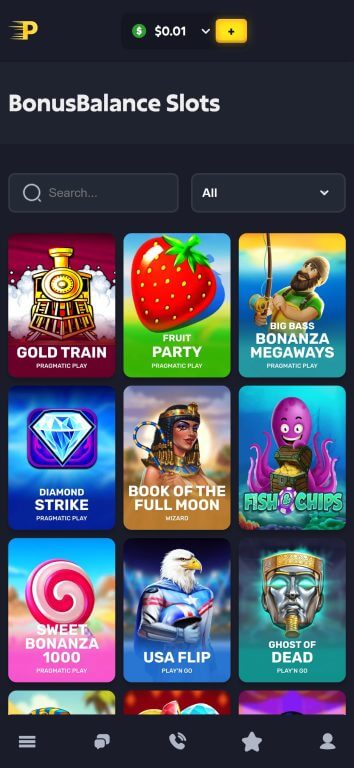PlayZ Casino bonus balance slots interface showing eligible games