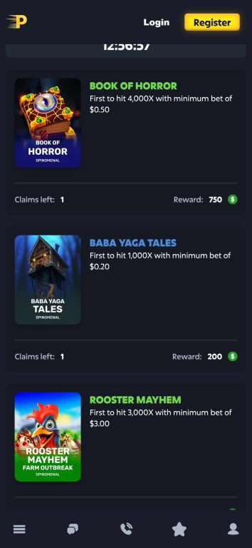 PlayZ Casino's daily challenges feature first-to-achieve multiplier targets on popular Spinomenal slots with rewards ranging from 200 to 2,500 credits