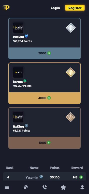 PlayZ Casino's weekly race leaderboard displays real-time rankings with the top prize of $4,000