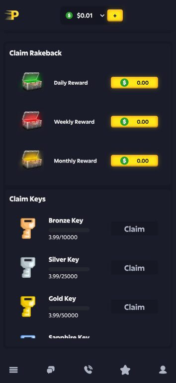 PlayZ Casino's rakeback system displays time-based rewards alongside milestone-based key collection progress