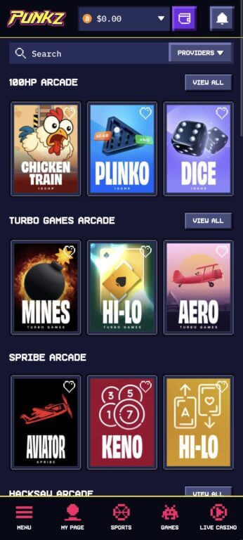 Punkz mobile arcade section features provably fair games from multiple providers including 100HP, Turbo Games, Spribe, and Hacksaw Gaming. Popular titles include Plinko, Dice, Mines, Aviator, and Keno with simple, colorful designs optimized for mobile play