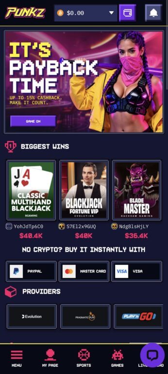 Punkz.com mobile interface displays the weekly cashback promotion (up to 15%), recent big wins from players, and prominent crypto purchase options via PayPal, Mastercard, and Visa for users without cryptocurrency