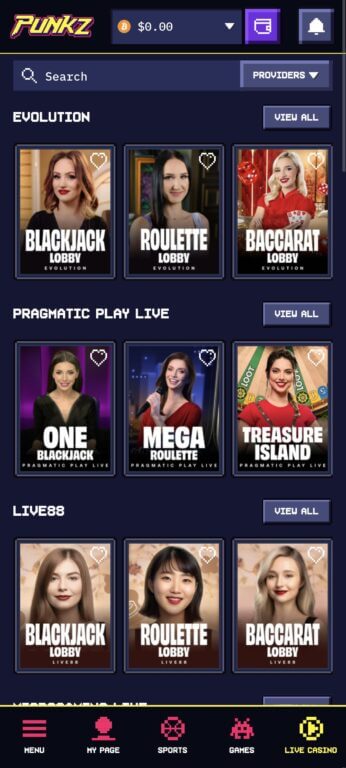 Punkz mobile live casino interface displays games from Evolution, Pragmatic Play Live, and Live88 providers. Each section shows lobby options for blackjack, roulette, and baccarat with live dealers streaming from professional studios