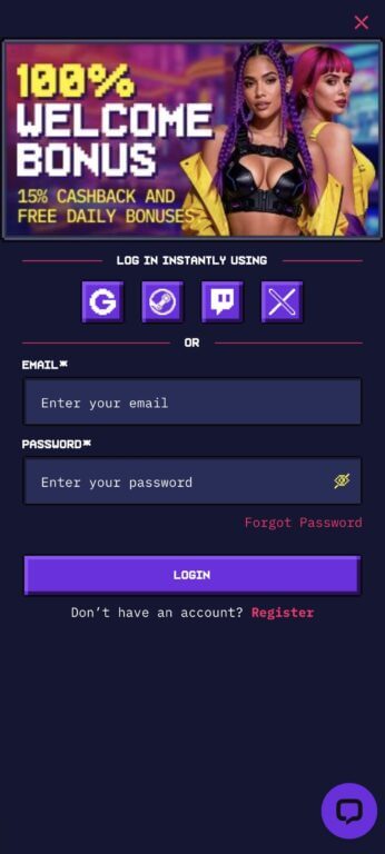 The Punkz login screen offers quick access through social media platforms (Google, Telegram, Twitch, Twitter/X) or traditional email/password login