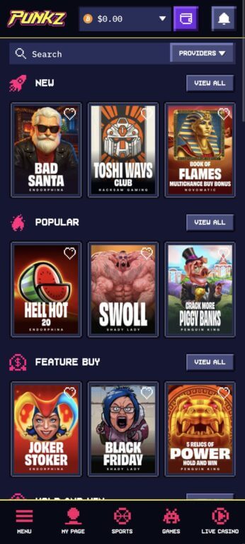 Punkz mobile slots page organizes games into New, Popular, and Feature Buy sections with provider filtering. Featured games include Bad Santa, Toshi Ways Club, Book of Flames, Heli Hot 20, Swoll, and Crack More Piggy Banks