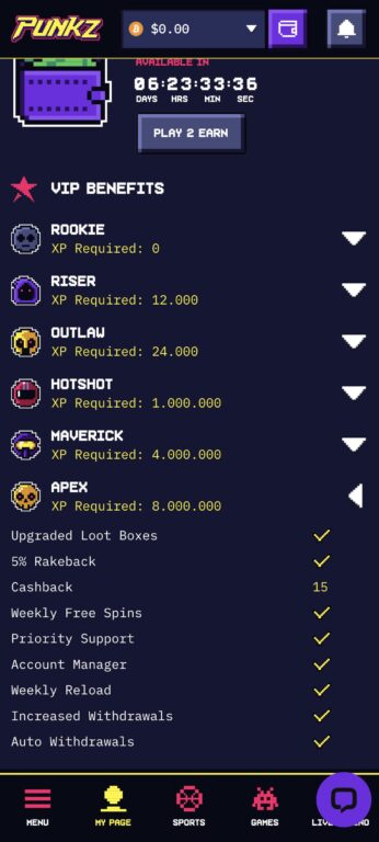 Punkz VIP program displays all six tiers with clear XP requirements ranging from 0 (Rookie) to 8,000,000 (Apex). Benefits progressively unlock including 5% rakeback for all tiers, cashback increasing to 15%, and premium perks like account managers and auto withdrawals at the highest levels. A countdown timer shows when the next rakeback or cashback payment becomes available