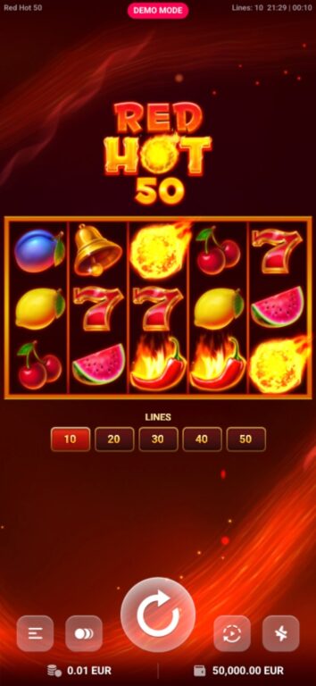 Red Hot 50 slot by True Lab in demo mode on mobile, a 5-reel fruit-and-flames game showing a 0.01 EUR total bet with 10 paylines selected
