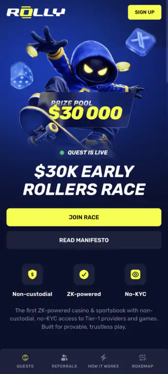 Rolly.io's mobile homepage