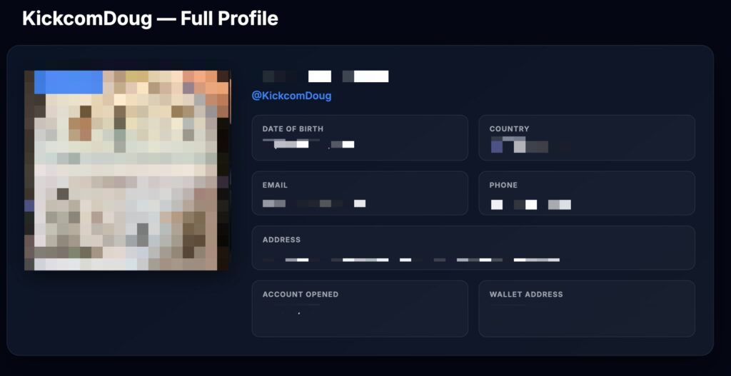 Screenshot of a dark-themed web page headed "KickcomDoug — Full Profile" showing the layout of a leaked-data listing. All personal fields — date of birth, country, email, phone, address, account-opened date, and wallet address — are pixelated and unreadable, and the profile image is blurred.