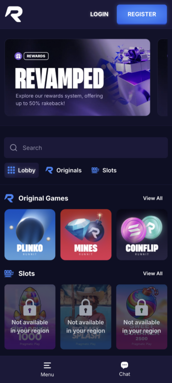 Runnit casino mobile homepage showing original games including Plinko, Mines, and Coinflip, with a rewards banner advertising up to 50% rakeback
