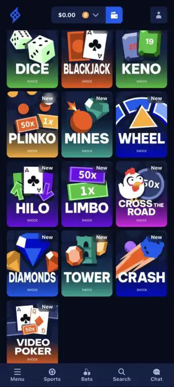 Shock Casino's full collection of 13 in-house original games