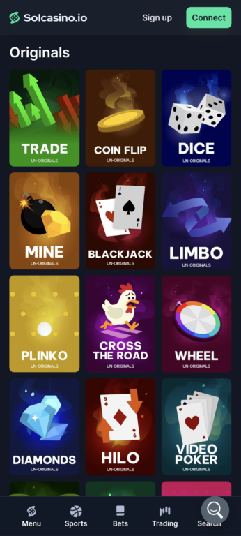 Solcasino.io's "Originals" game selection on mobile