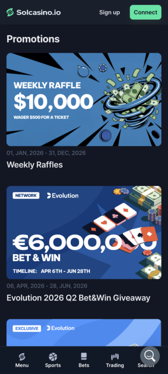 Solcasino.io's active promotions on mobile