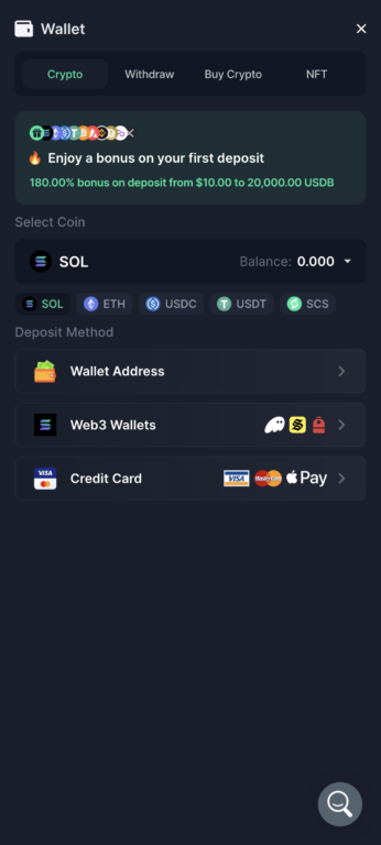 Solcasino.io's crypto wallet deposit interface on mobile