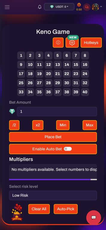 SunFire Casino's keno game