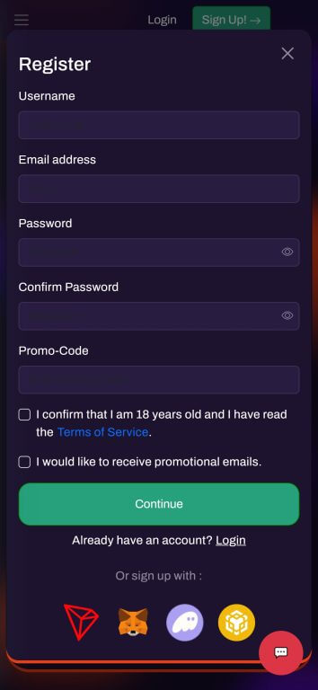 SunFire Casino's registration page