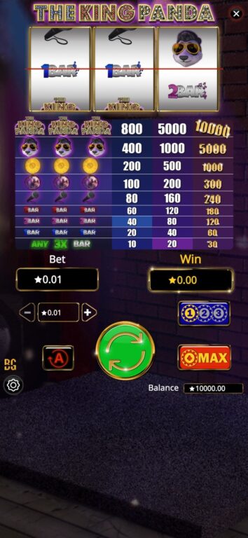 The King Panda slot by Booming Games on mobile, showing the 3-reel single-payline layout, full paytable, and a 0.01 minimum bet with a 1-coin selection