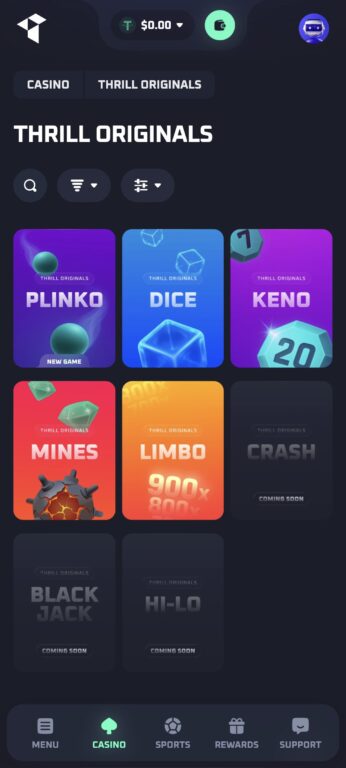 Thrill's in-house Originals games include Plinko, Dice, Keno, Mines, and Limbo, all featuring provably fair mechanics. Additional games like Crash and Blackjack are in development.