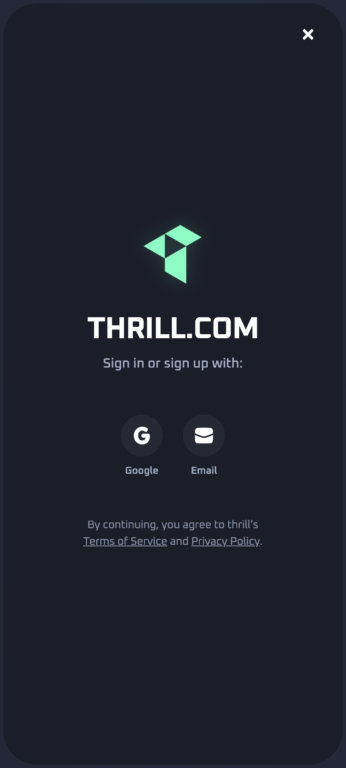 Thrill Casino's registration screen offers two login methods: Google or email