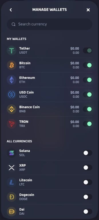 Thrill Casino's wallet management interface lets you enable or disable any of the 15 supported cryptocurrencies. Each wallet shows your balance in both USD value and the cryptocurrency amount.