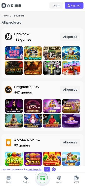 Weiss Casino game providers page