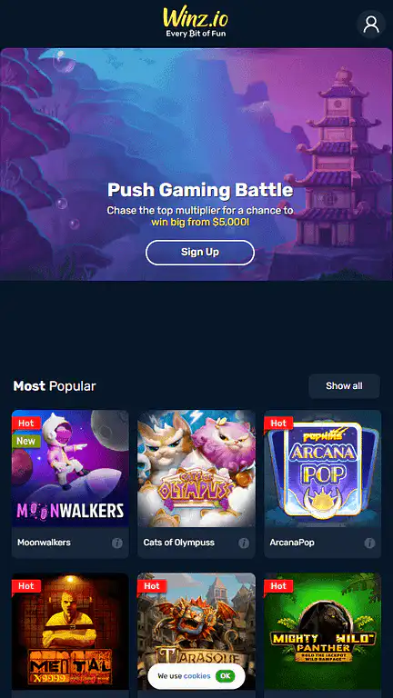 Winz.io casino homepage