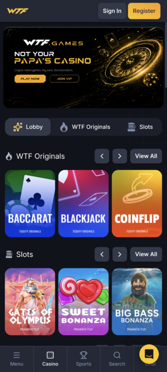 WTF.Games mobile homepage
