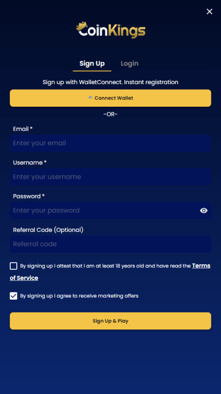 CoinKings registration form