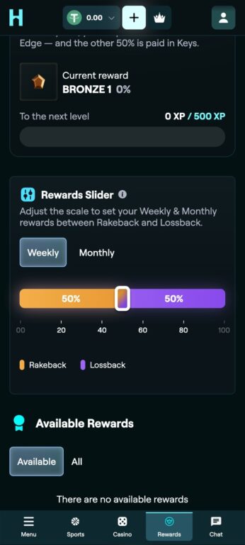 The Rewards Slider on mobile lets you adjust your weekly and monthly rewards between Rakeback and Lossback