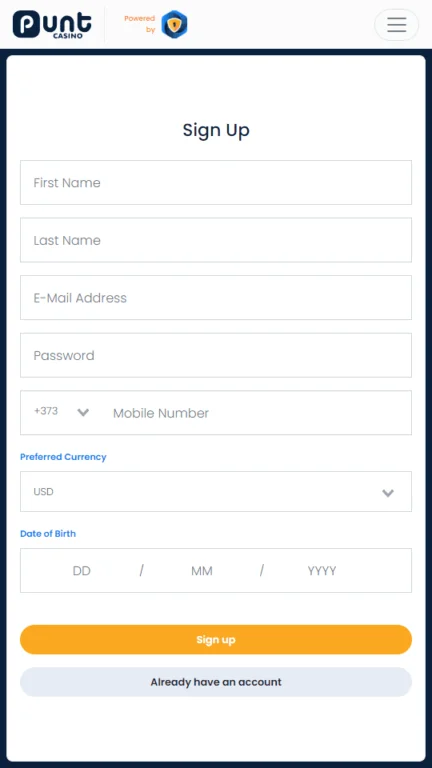 Punt Casino registration