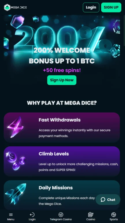 Mega Dice casino homepage