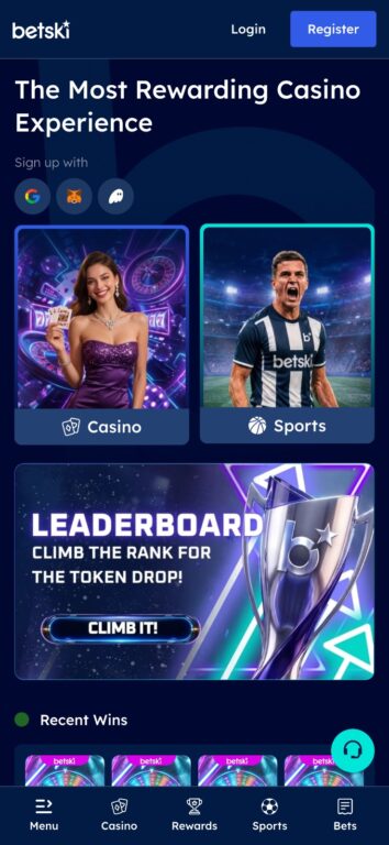Betski casino mobile homepage showing Casino and Sports sign-up options above a "Leaderboard" banner reading "Climb the rank for the token drop!"