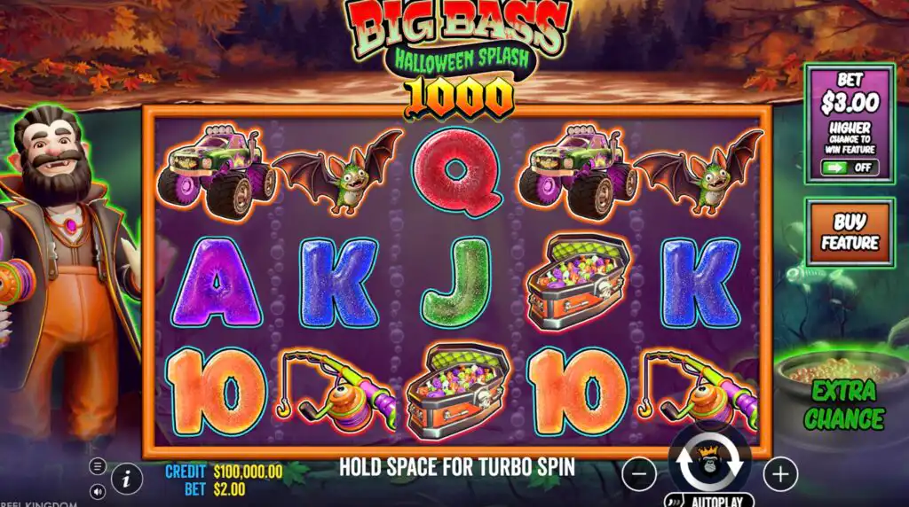 Big Bass Splash Halloween 1000 base game showing the 5x3 reel grid with Halloween-themed symbols, the fisherman character on the left, the cauldron on the bottom right, and the ante bet and buy feature buttons.