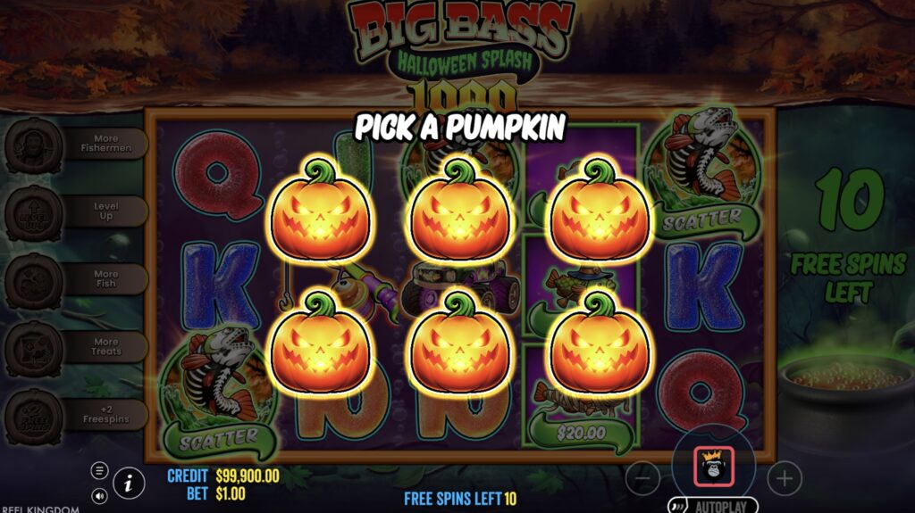 Big Bass Splash Halloween 1000 Pick a Pumpkin screen showing six glowing jack-o'-lanterns to choose from before the free spins round, with the modifier tracker on the left displaying More Fishermen, Level Up, More Fish, More Treats, and +2 Free Spins.