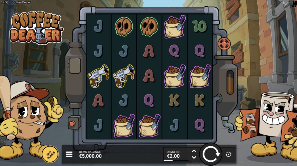 Coffee Dealer slot base game showing the 5x5 grid with Bean and Dean characters flanking the reels in a cartoon back-alley setting