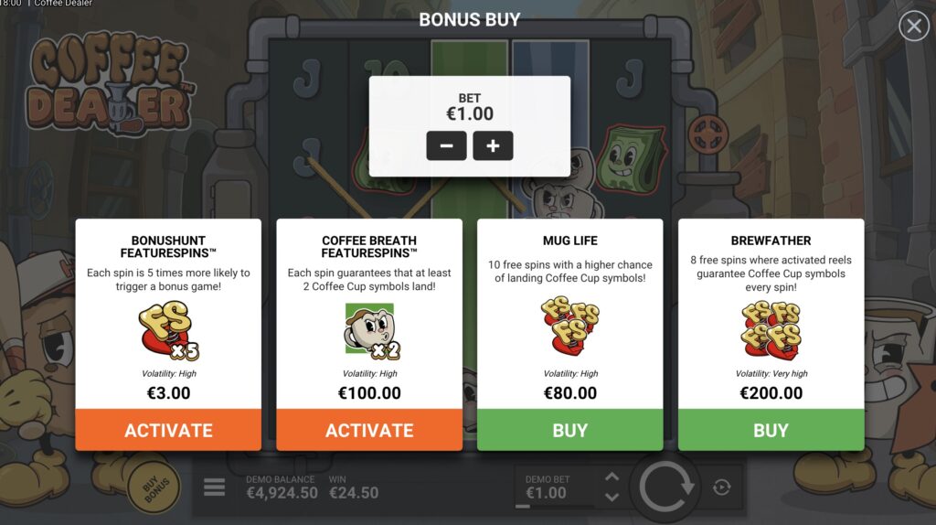 Coffee Dealer bonus buy menu showing four options — BonusHunt FeatureSpins at 3x, Coffee Breath FeatureSpins at 100x, Mug Life at 80x, and Brewfather at 200x