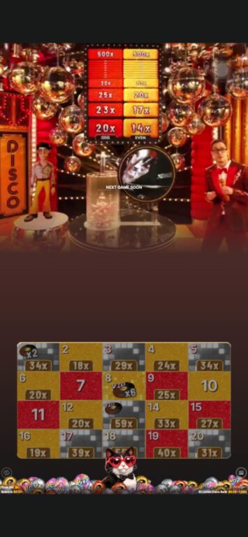 Balls live casino game by Evolution showing the disco-themed studio with Mr Funky, golden disco balls, odd and even multiplier ladders up to 500x, and the 1-to-20 number betting grid with Disco Cat bonus symbols.