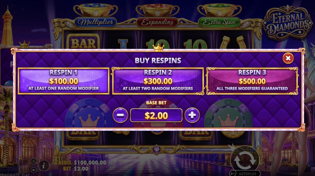 Eternal Diamonds slot buy respins feature options by Pragmatic Play